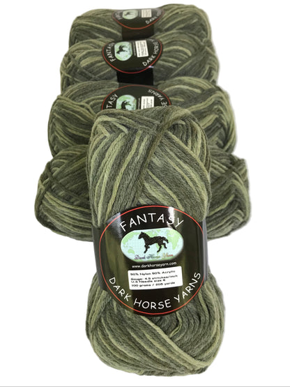 Four skeins of green yarn with 'Dark Horse Yarns' labels on a white background
