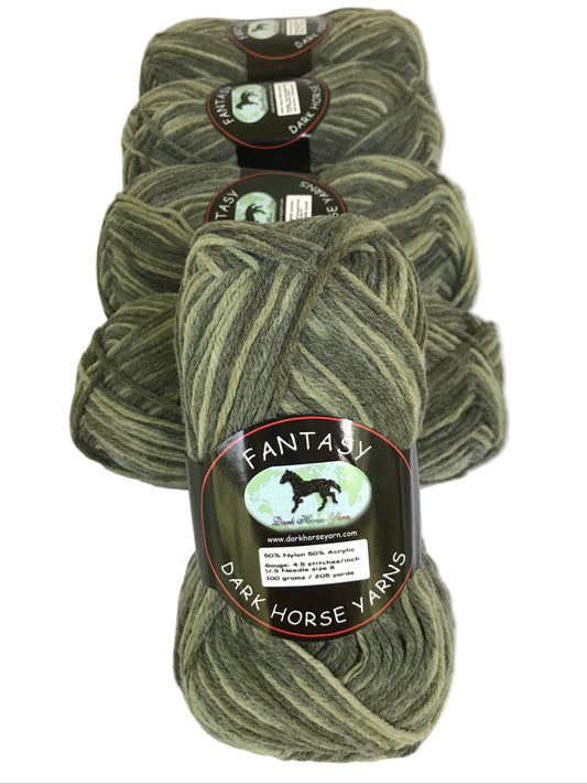 Four skeins of green yarn with 'Dark Horse Yarns' labels on a white background