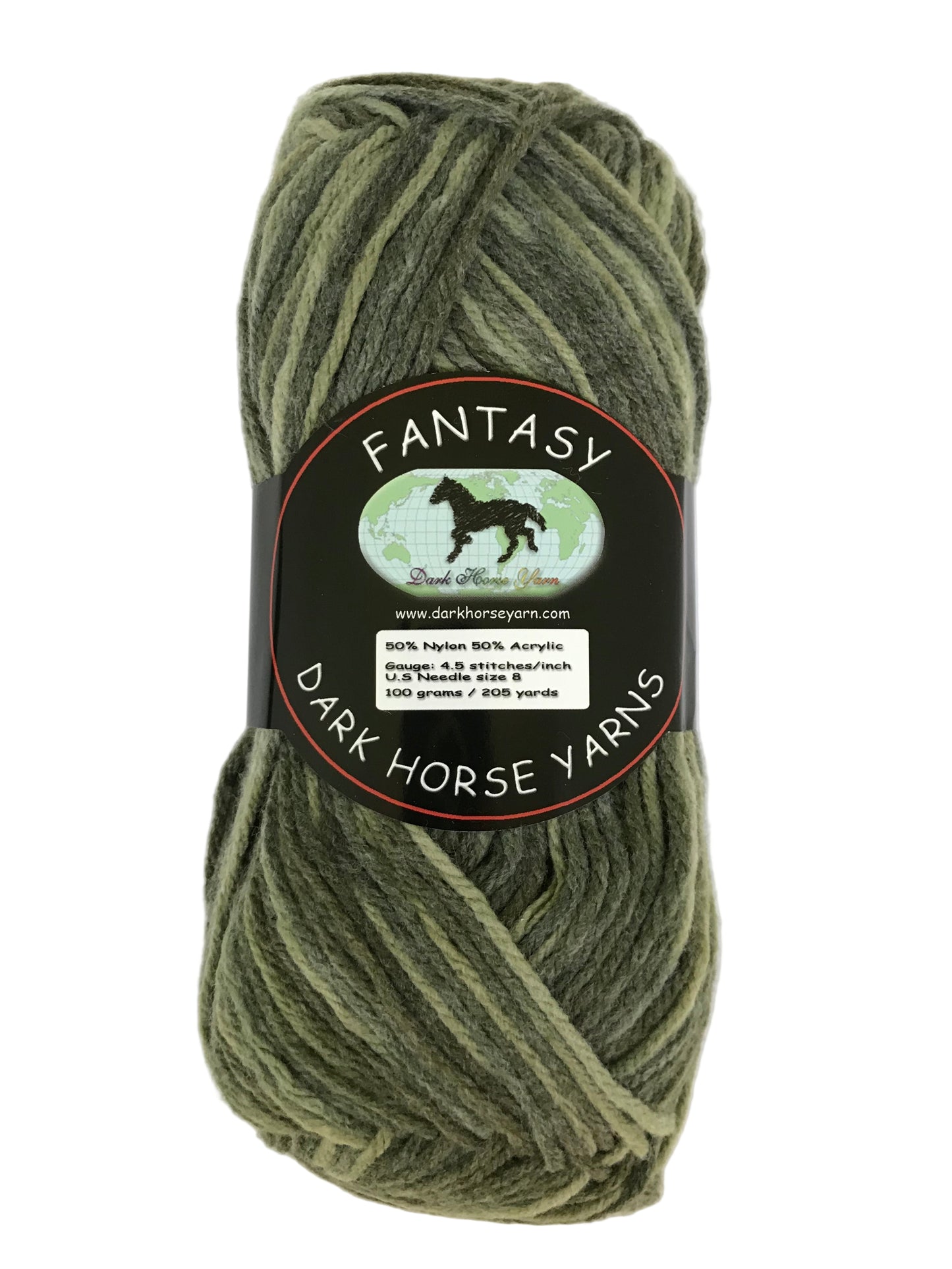 Ball of green yarn with a Dark Horse Yarns label on a white background