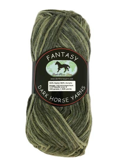 Ball of green yarn with a Dark Horse Yarns label on a white background