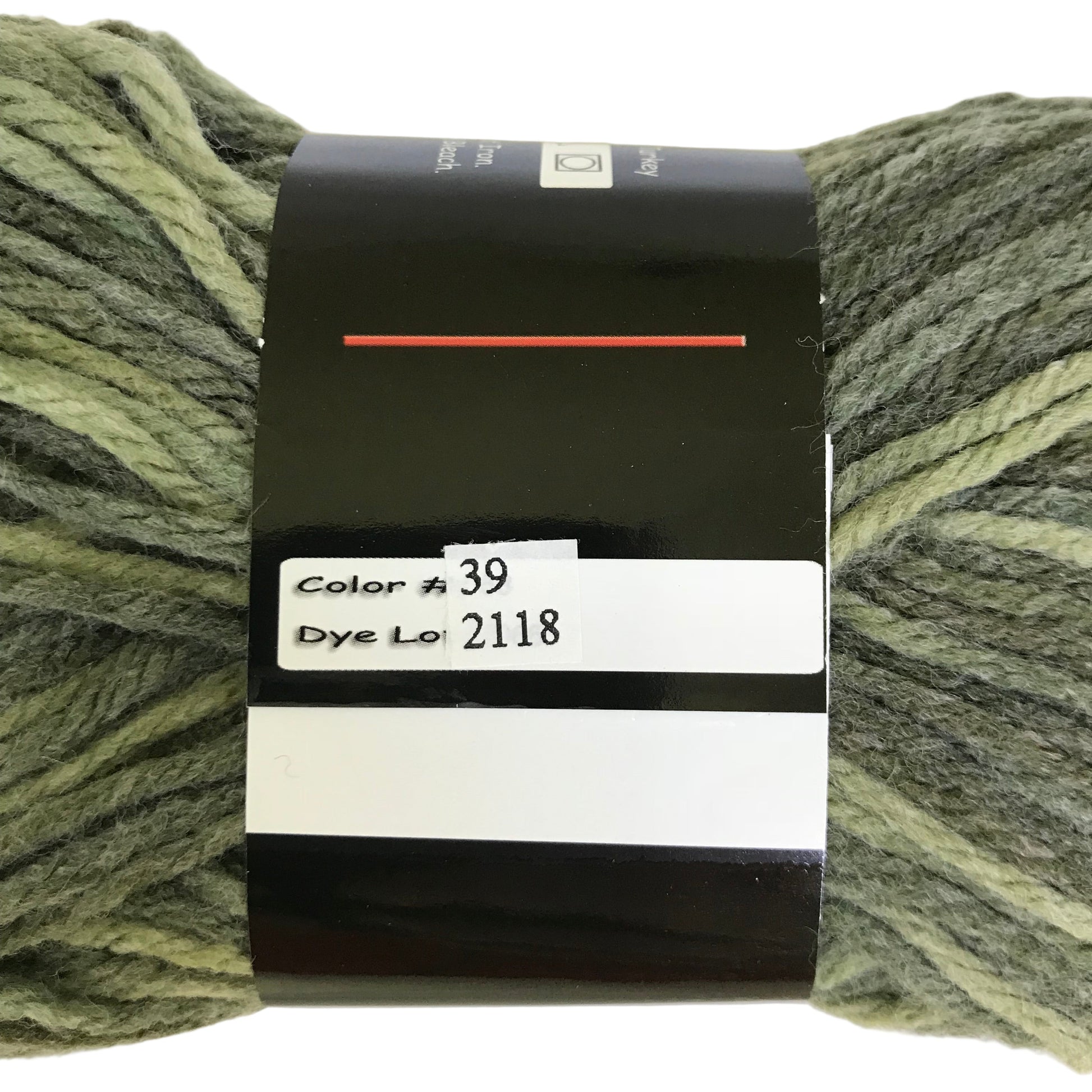 Green skein of yarn with a label on a white background