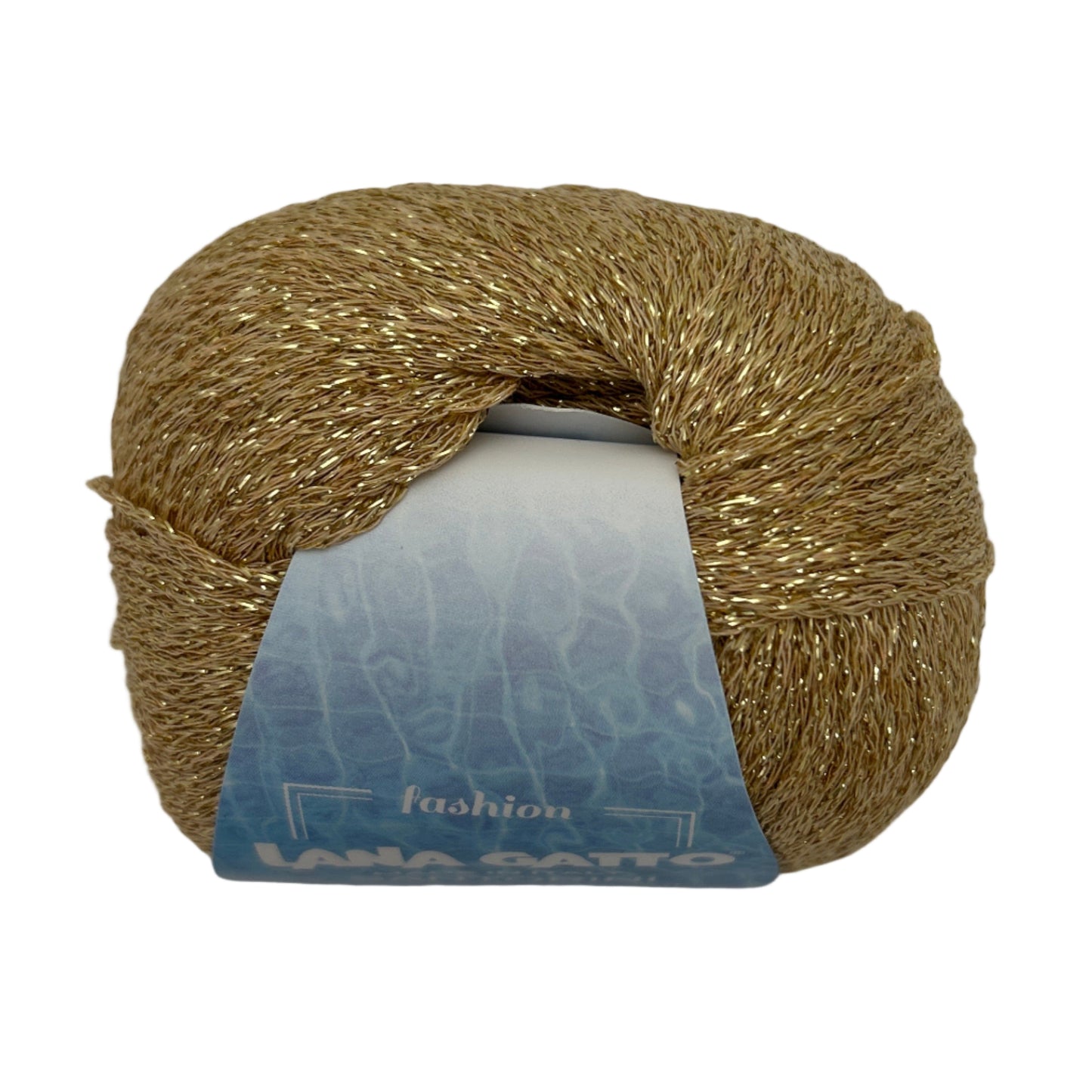 Ball of gold yarn with a blue label on a white background