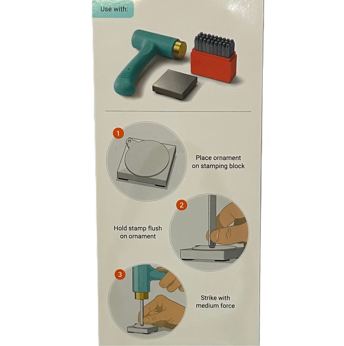 Instructions for using a stamping tool set on a beige background