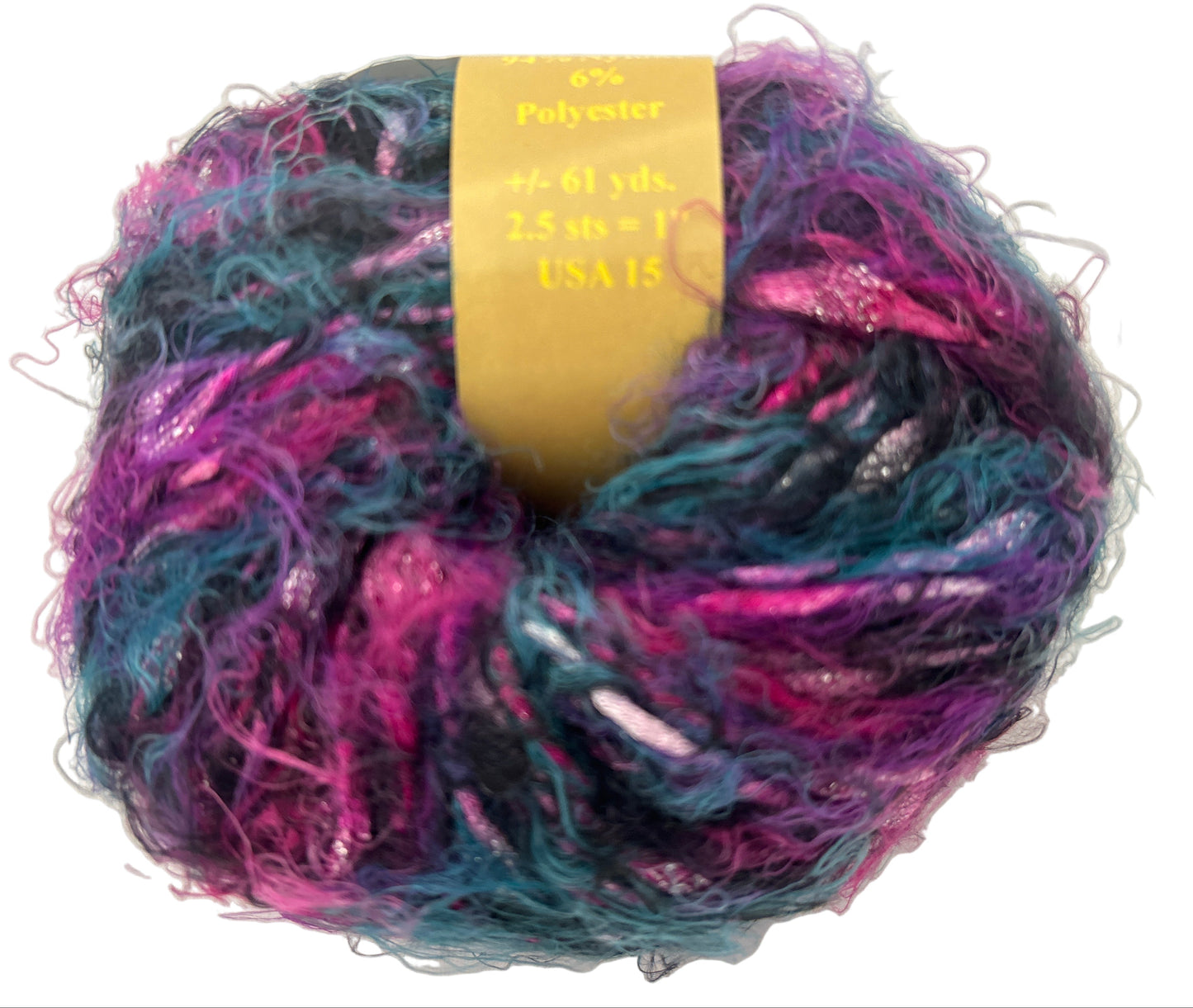 Multicolored yarn ball with a yellow label on a white background