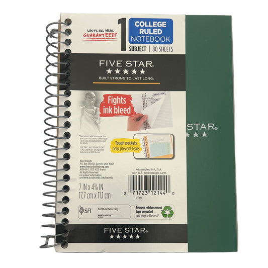 Five Star notebook with spiral binding on a gray background