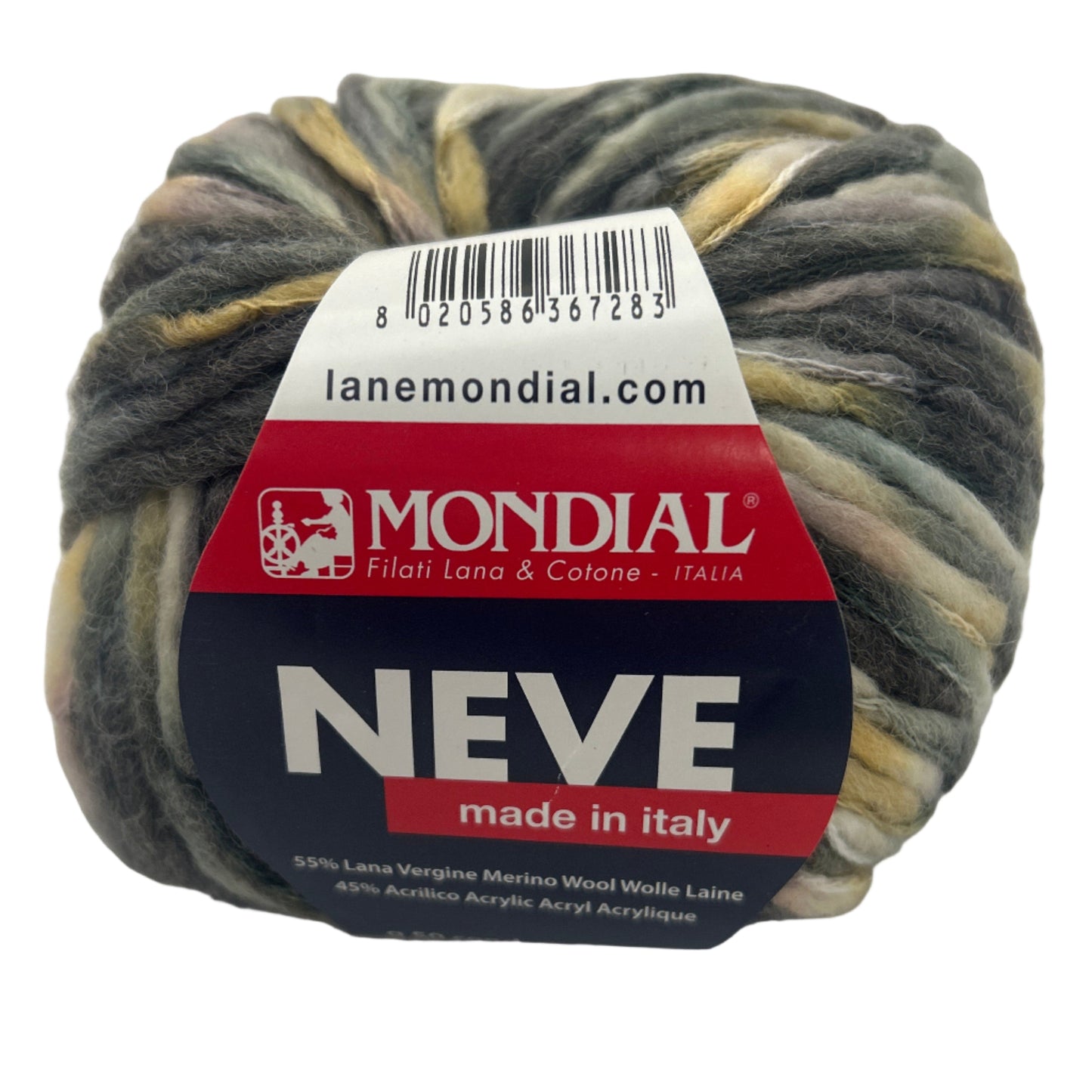 Ball of yarn with Mondial Neve label on a white background