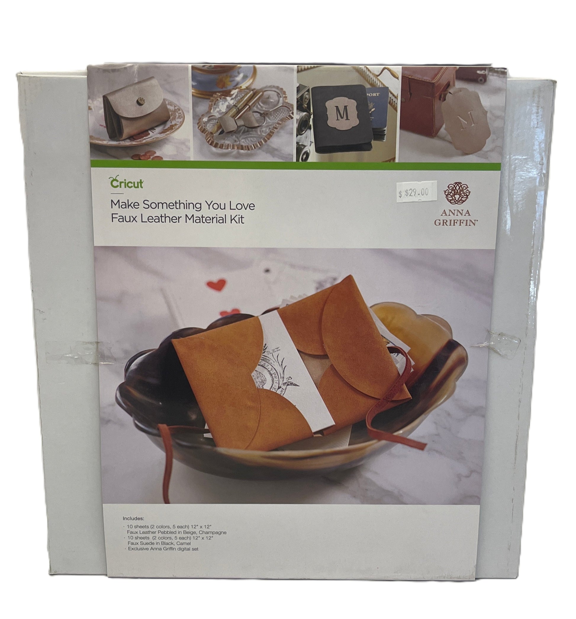 Cricut faux leather material kit packaging with product images on a white background