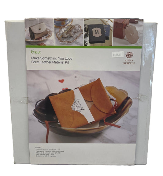Cricut faux leather material kit packaging with product images on a white background