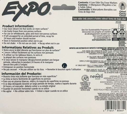 Back of Expo low odor dry erase marker packaging with product information and branding.