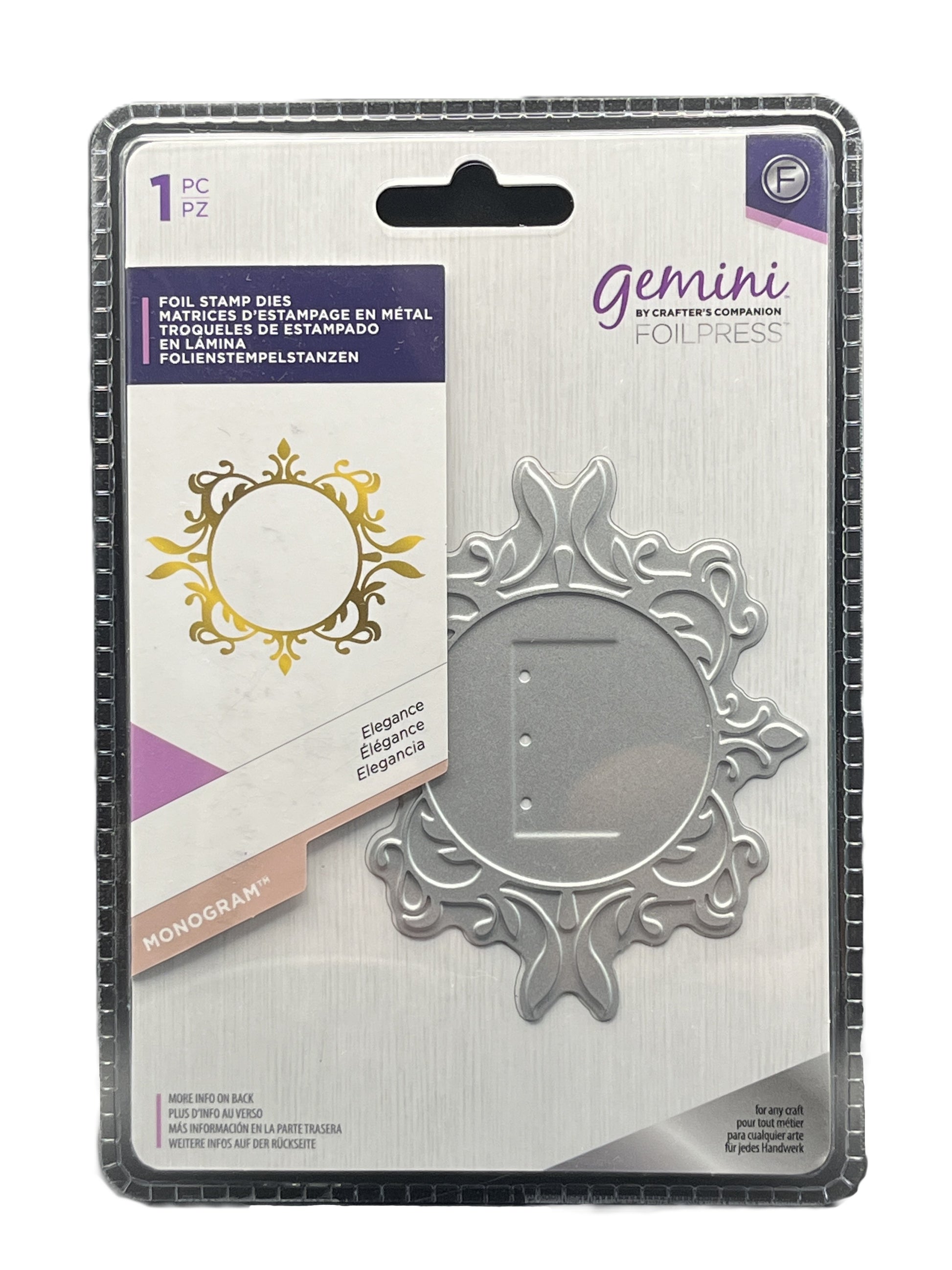 Metallic foil stamp die with packaging on a white background