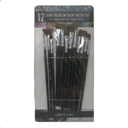 Packaged set of 12 premium paint brushes with 'Crafts & All' branding on a white background.