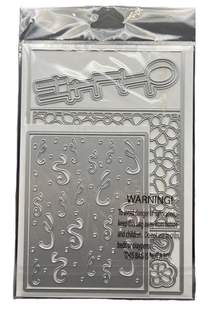 Metal die set with decorative cutouts and warning label on a clear background