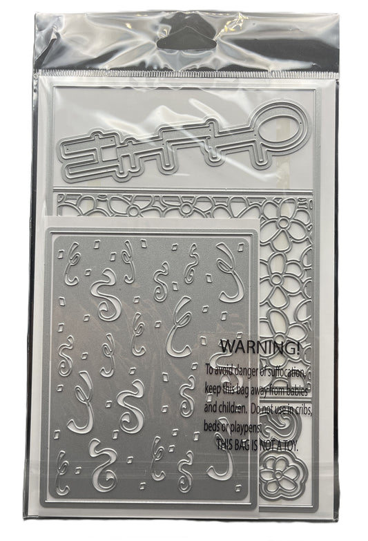 Metal die set with decorative cutouts and warning label on a clear background