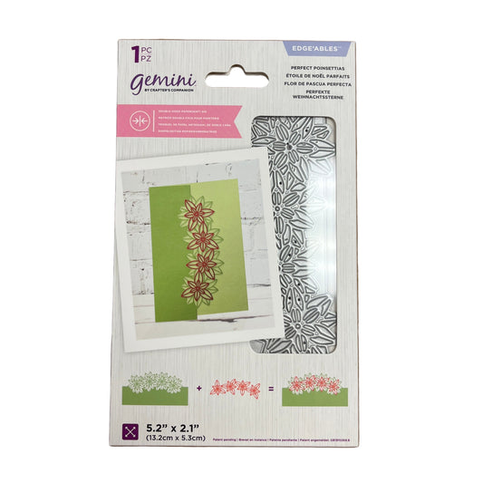 Packaging of Gemini stamp set with floral design on a white background
