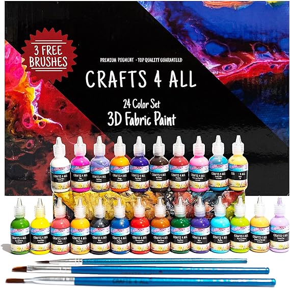 Crafts 4 All 24-color set 3D fabric paint with brushes on a colorful background