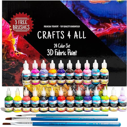 Crafts 4 All 24-color set 3D fabric paint with brushes on a colorful background