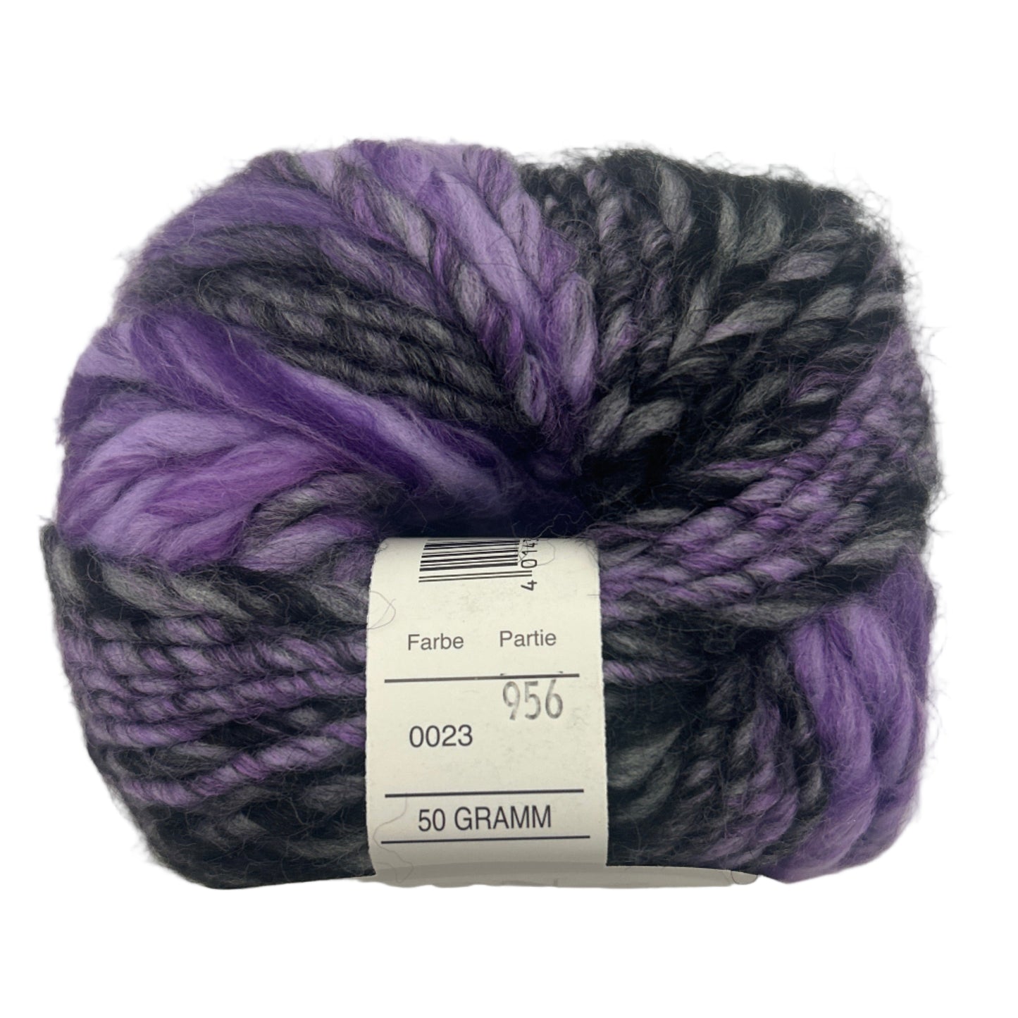 Ball of purple and gray yarn with a label on a white background