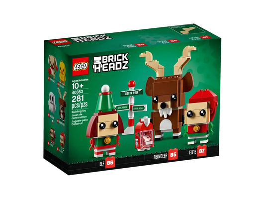 LEGO BrickHeadz set packaging featuring a reindeer, elf, and Christmas tree.