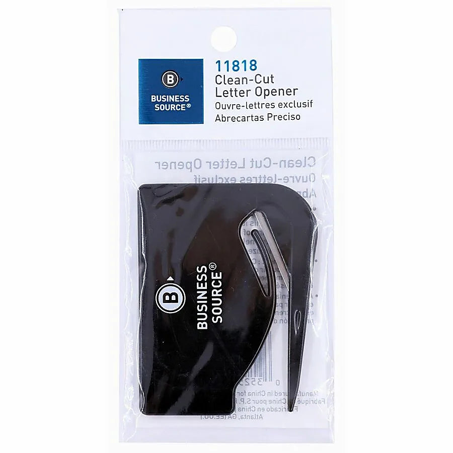 Black letter opener in packaging with Business Source branding on a white background