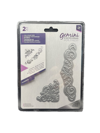 Metal die set packaging with decorative elements on a white background