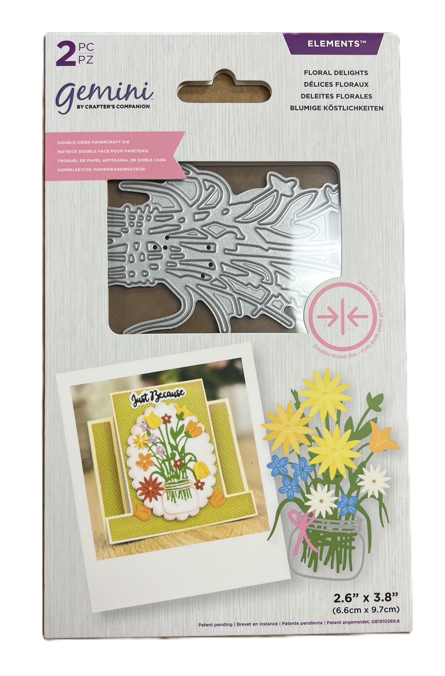 Packaging of Gemini floral die-cutting elements with a clear window showing the cutout design.