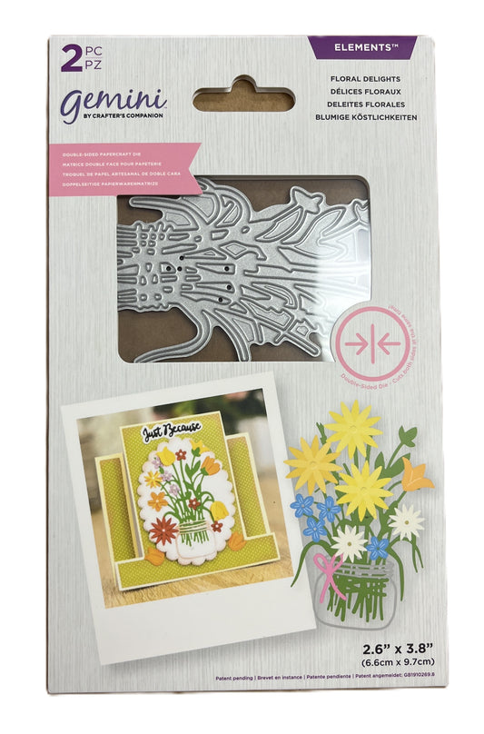 Packaging of Gemini floral die-cutting elements with a clear window showing the cutout design.