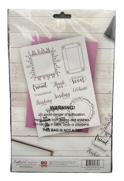Packaging of clear stamps with text and frames on a wooden surface