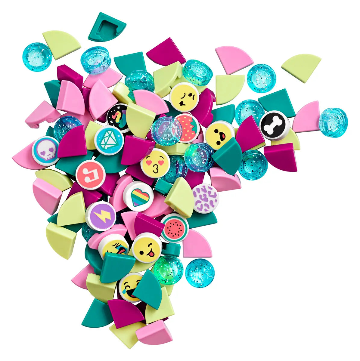 Colorful assortment of decorative legos on a white background