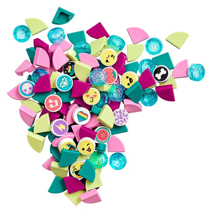 Colorful assortment of decorative legos on a white background
