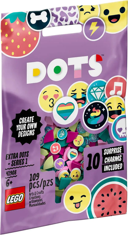 LEGO DOTS packaging with colorful charms and branding on a purple background