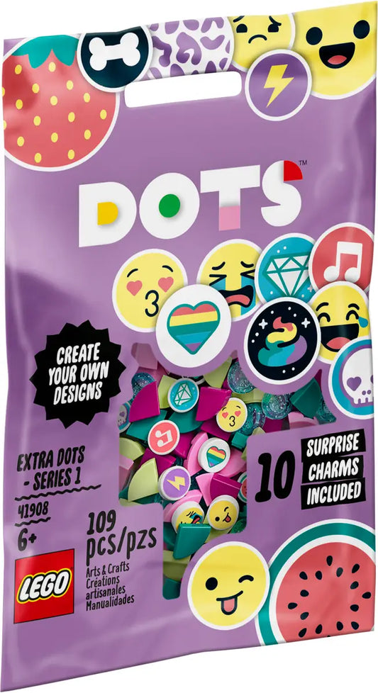 LEGO DOTS packaging with colorful charms and branding on a purple background