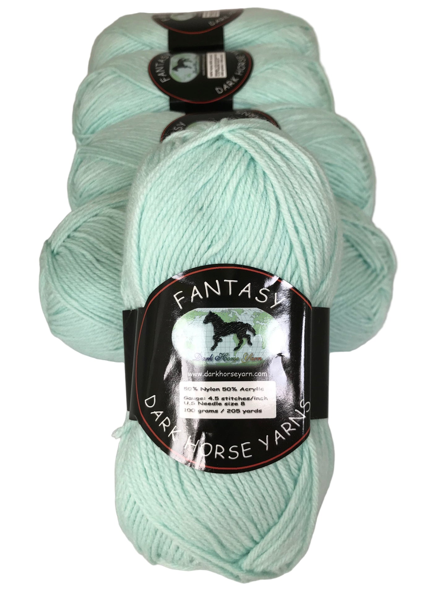 Three skeins of light green yarn with 'Fantasy Dark Horse Yarns' labels on a white background