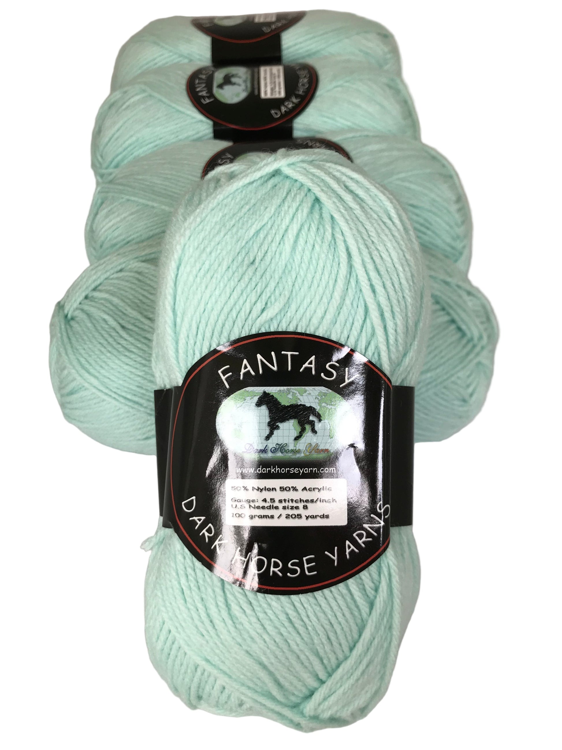 Three skeins of light green yarn with 'Fantasy Dark Horse Yarns' labels on a white background