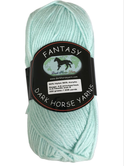 Ball of yarn with a 'Fantasy' label from Dark Horse Yarns on a white background