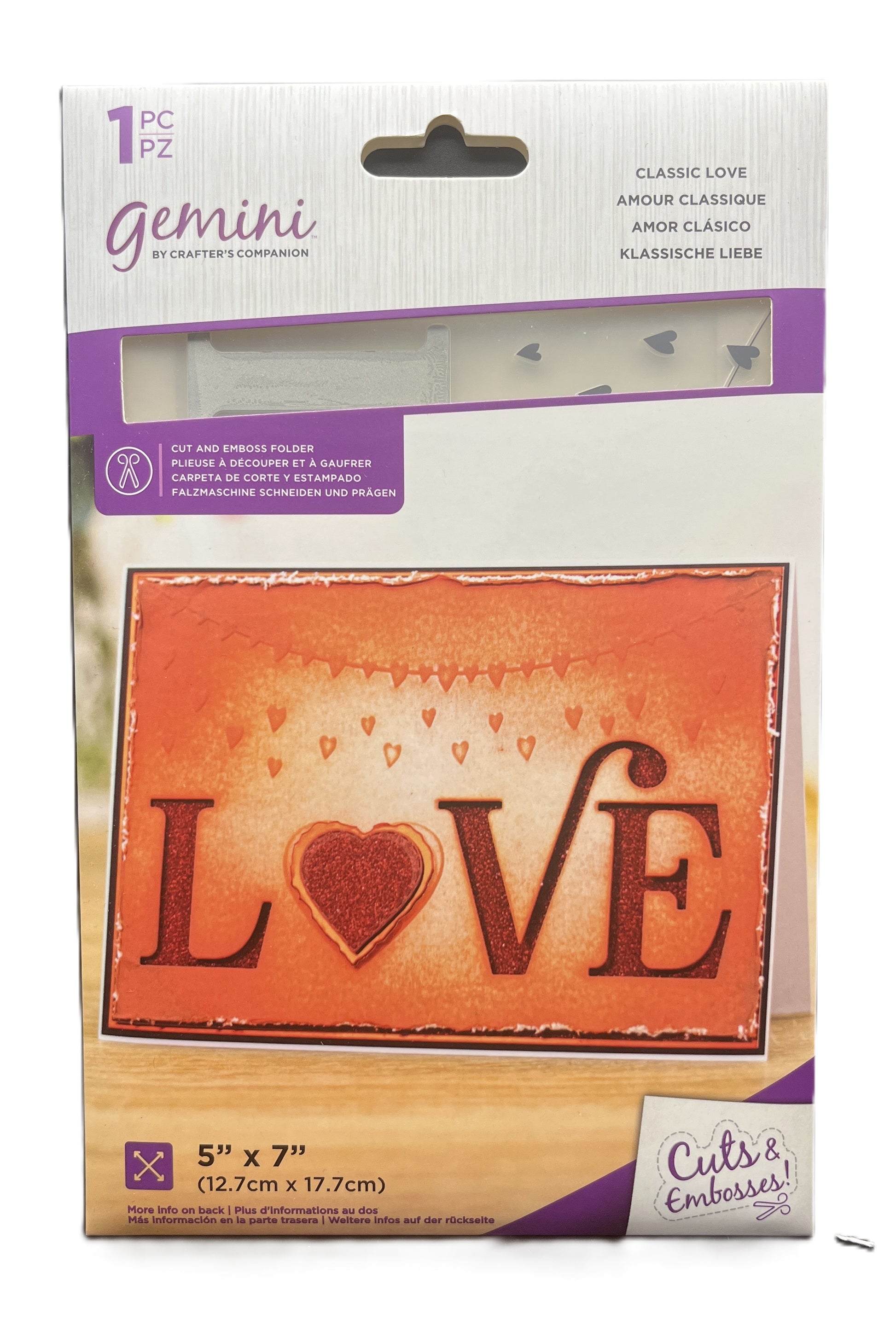 Embossing folder packaging with 'LOVE' design and Gemini branding on a white background