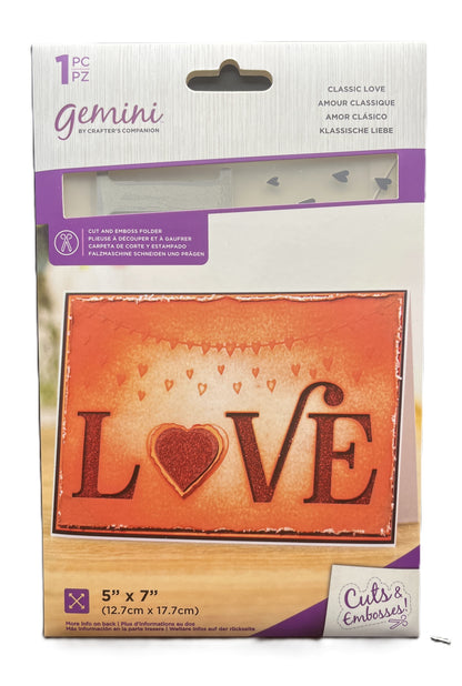 Embossing folder packaging with 'LOVE' design and Gemini branding on a white background