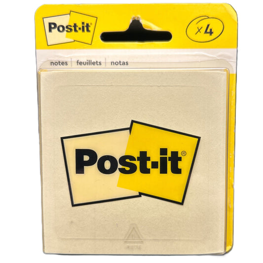 Pack of Post-it notes with yellow border and black text on a white background