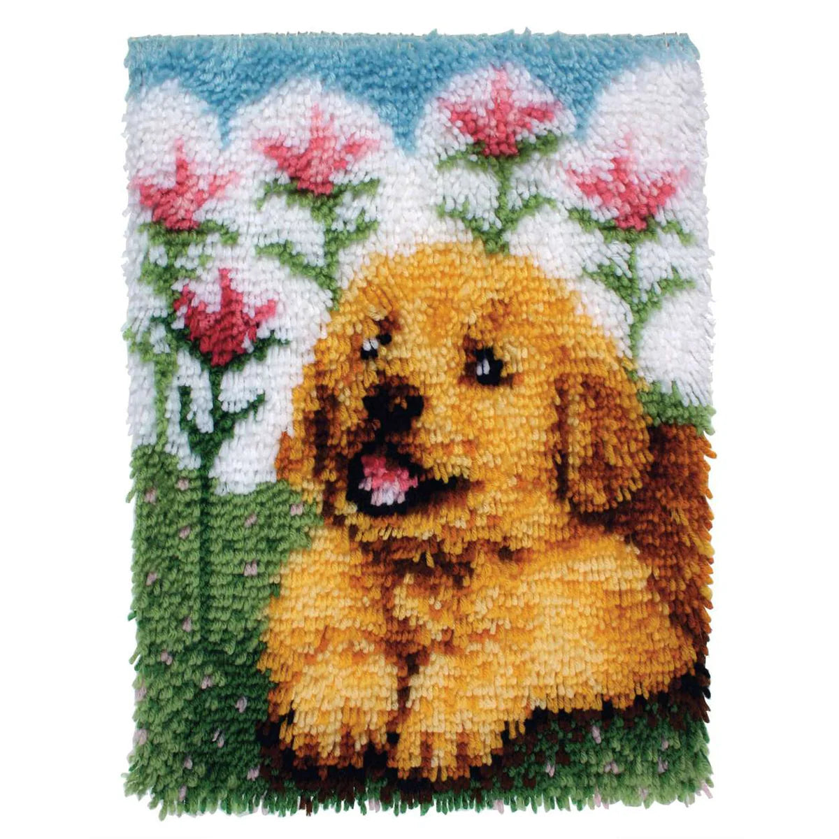 Latch hook rug with a golden retriever and flowers on a white background