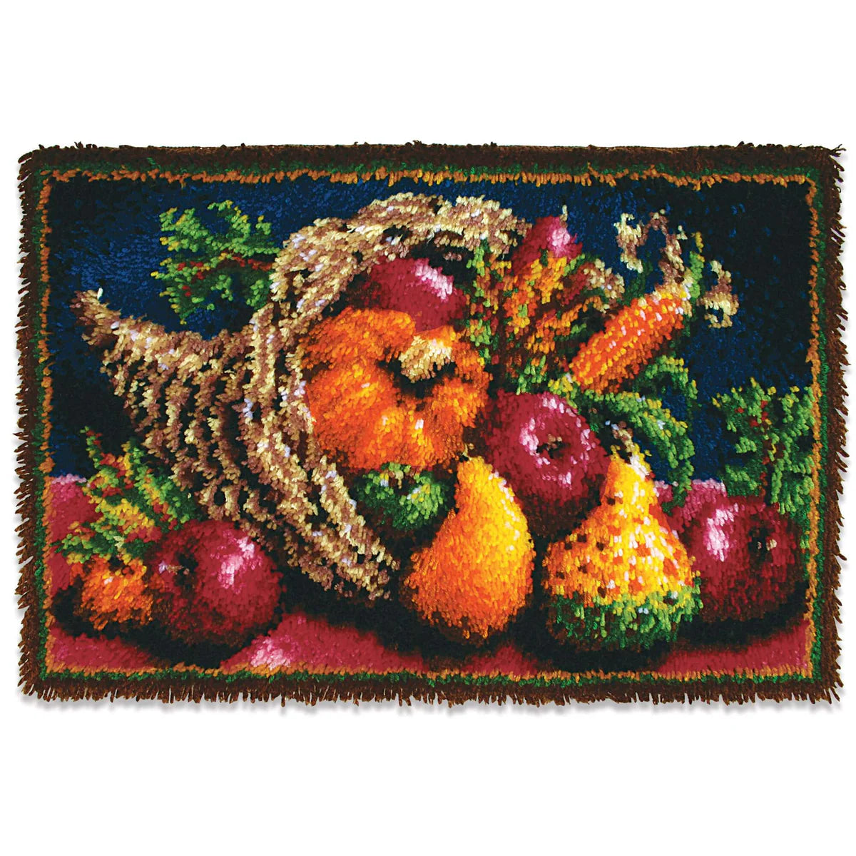 Woven tapestry of a cornucopia filled with fruits and vegetables on a dark background