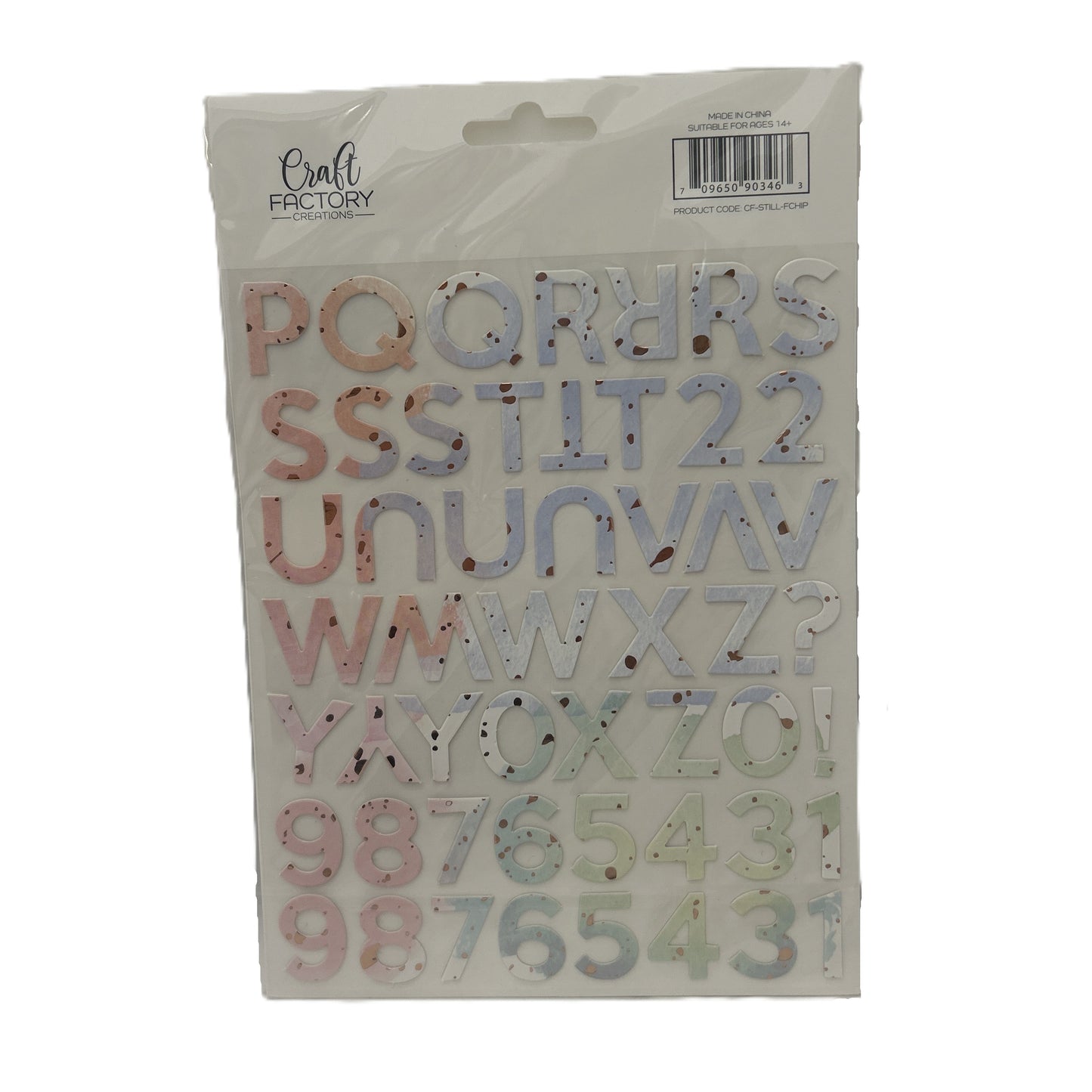 Packaged letter and number stamps with 'Craft Factory' branding on a white background