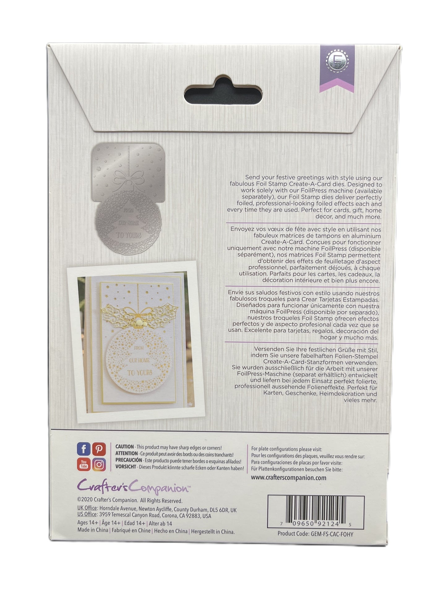 Back of a card packaging with text and a small window showing a card inside.