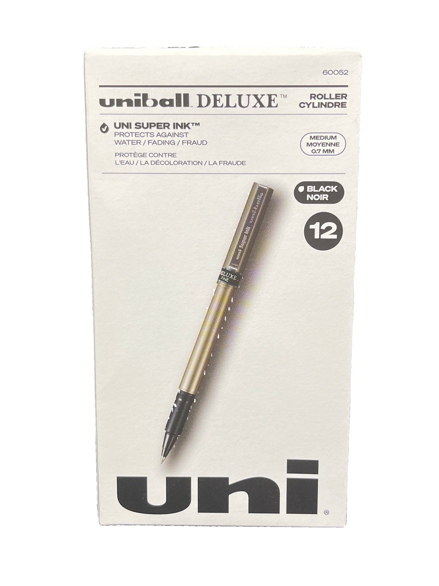 Packaging of Uni-ball Deluxe rollerball pen with a pen on a white background