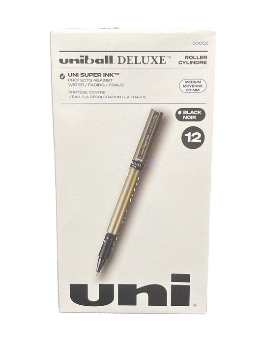Packaging of Uni-ball Deluxe rollerball pen with a pen on a white background