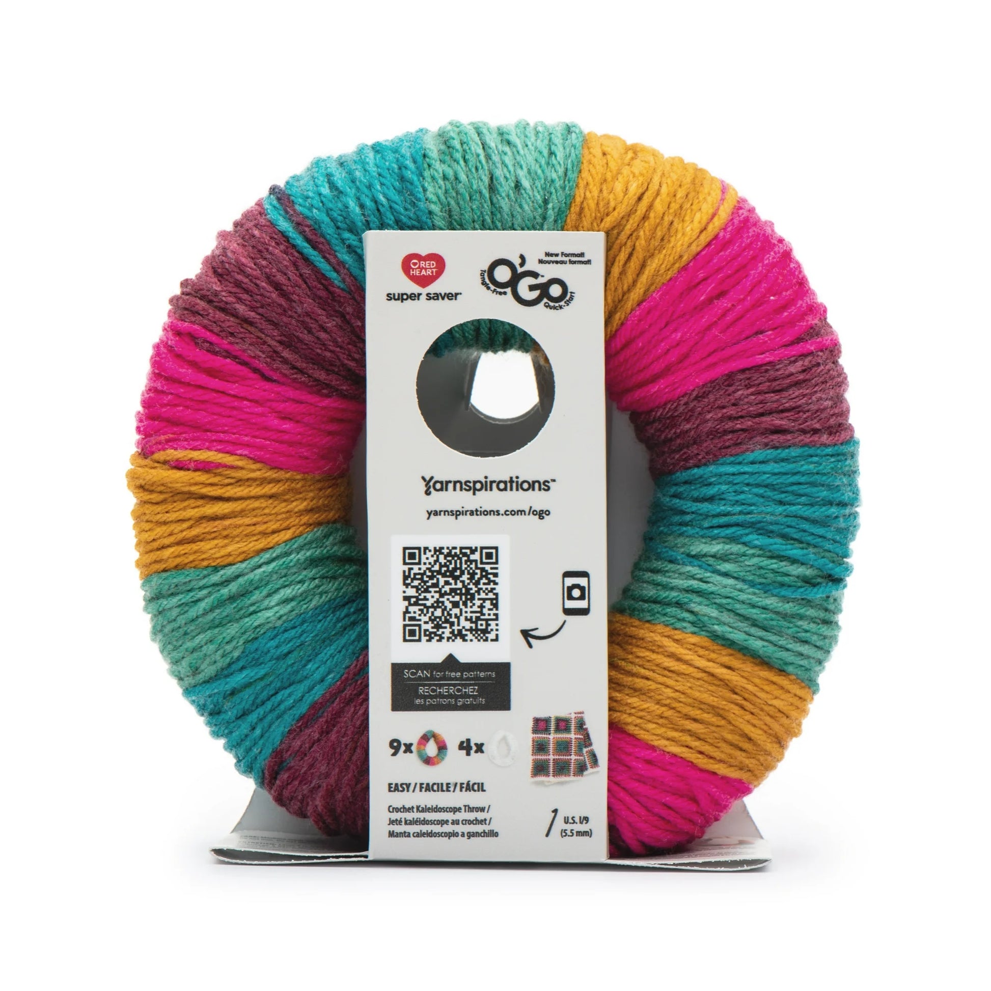 Colorful skein of yarn with a Yarnspirations label on a white background