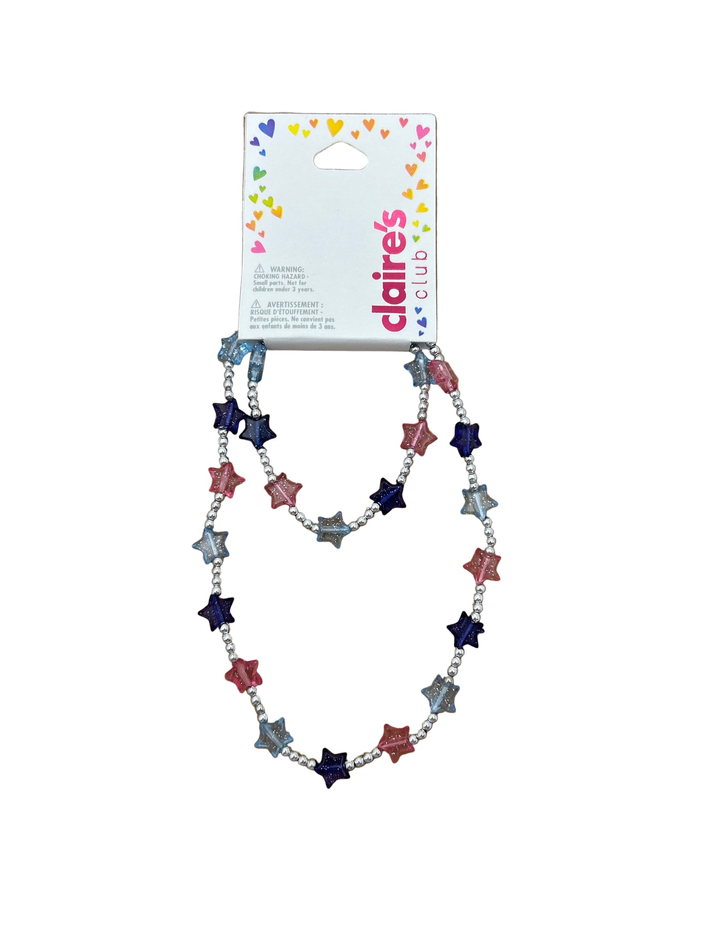 Colorful beaded necklace with star-shaped beads on a cardboard background