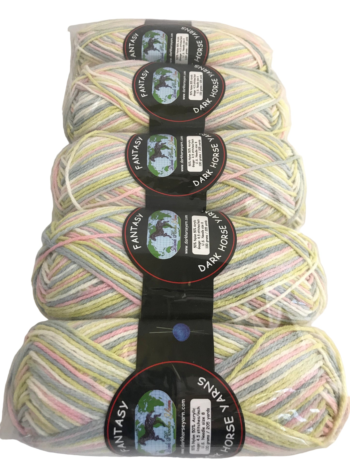 Five skeins of multicolored yarn with labels on a white background