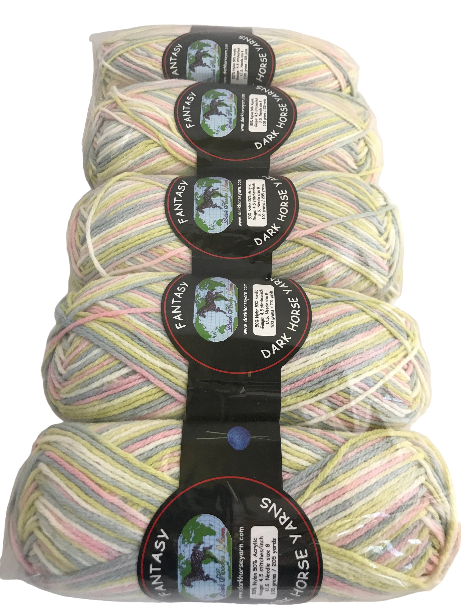 Five skeins of multicolored yarn with labels on a white background
