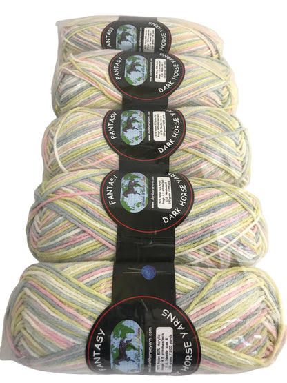 Five skeins of multicolored yarn with labels on a white background