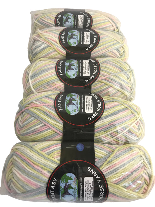 Five skeins of multicolored yarn with labels on a white background