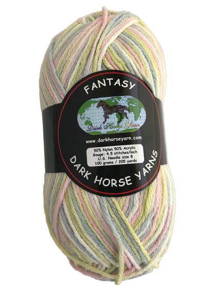 Multicolored skein of yarn with a 'Dark Horse Yarns' label on a white background